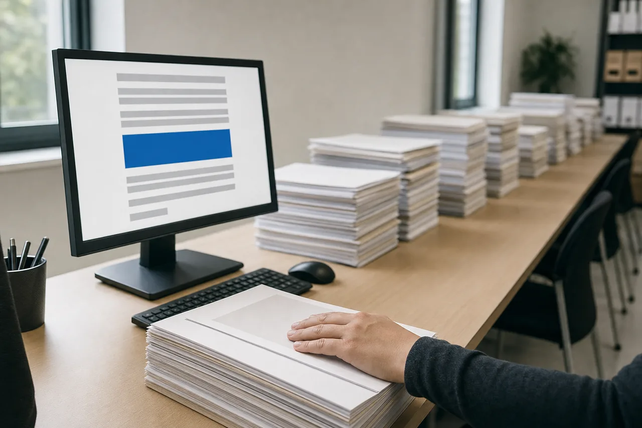 Stacks of paper documents lined up along an office desk, with a monitor in the foreground showing a blank document outline and one block highlighted in blue.