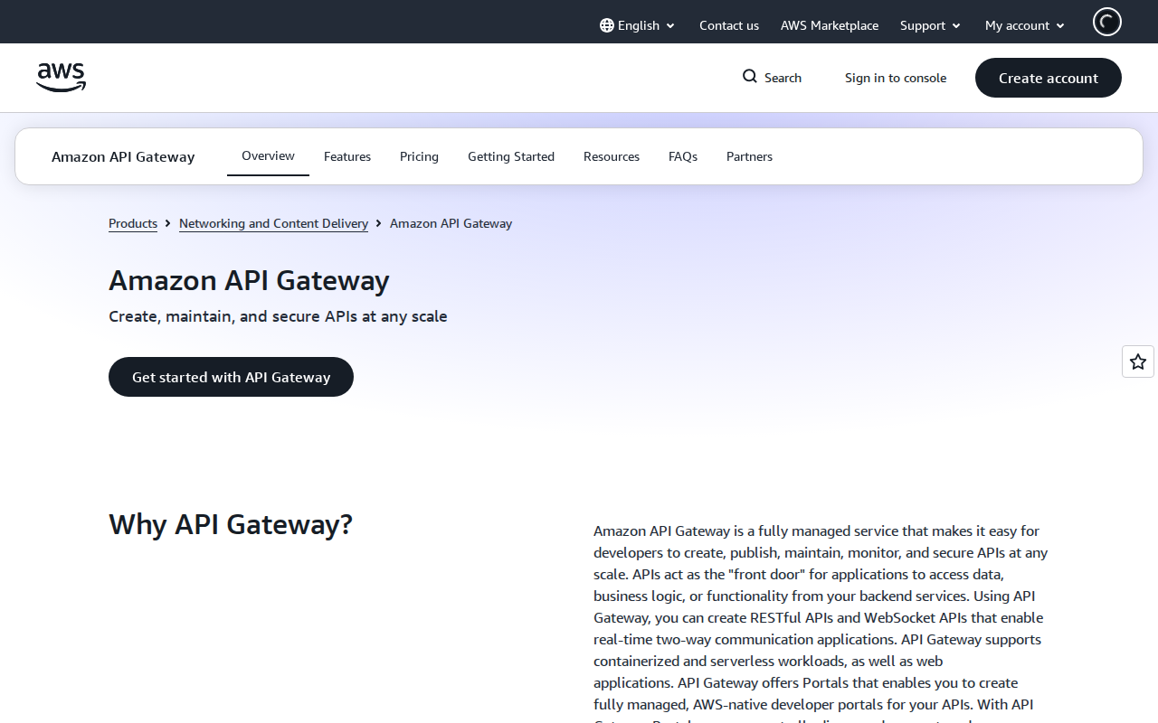 AWS API Gateway homepage screenshot