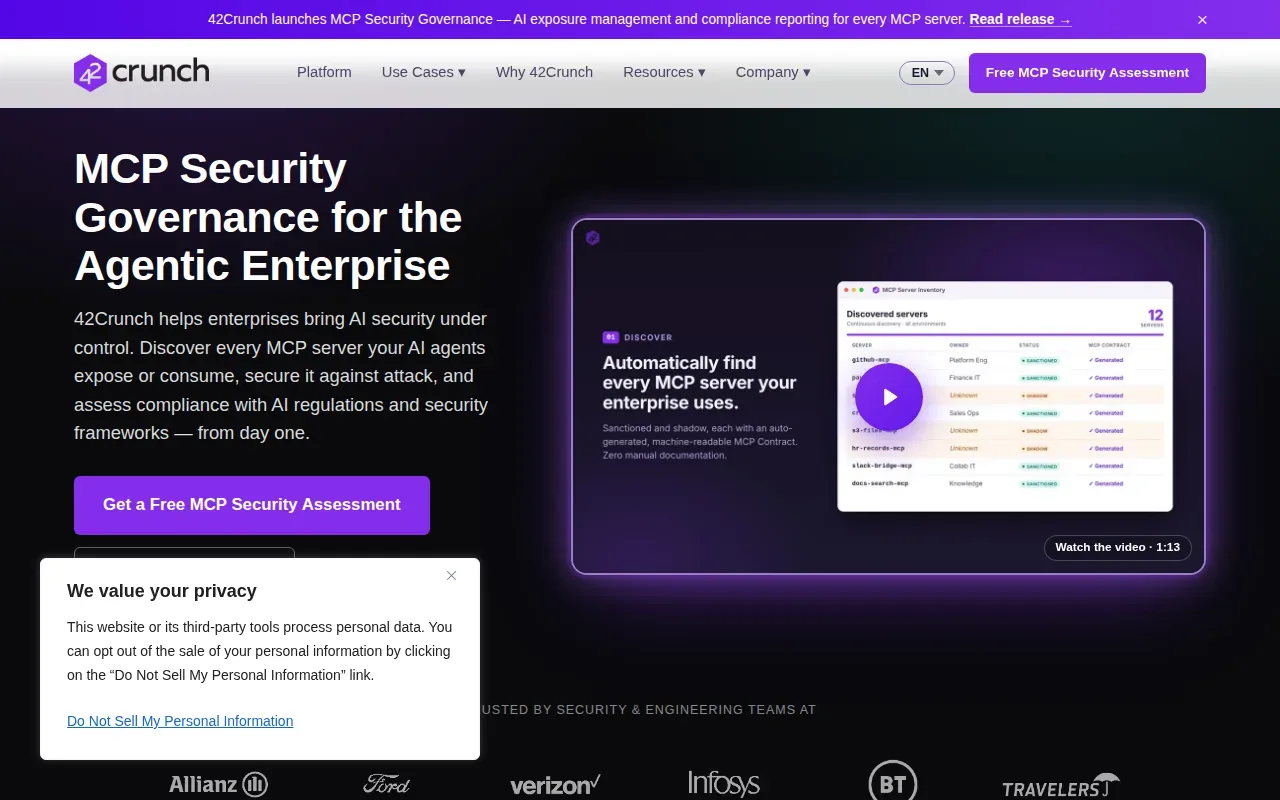 Screenshot of the 42Crunch website