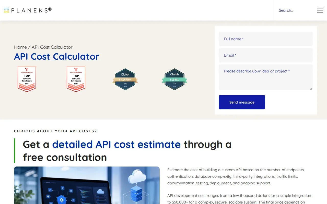 Screenshot of the PLANEKS API Cost Calculator website