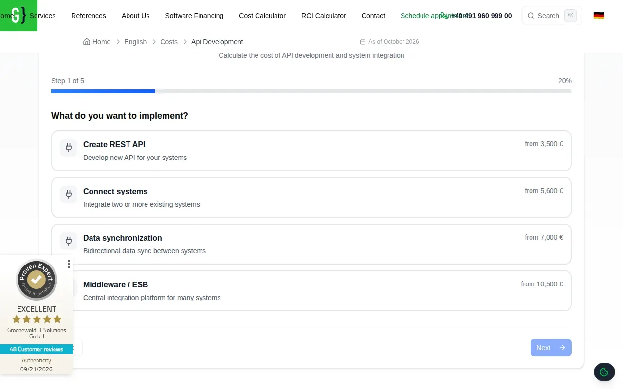 Screenshot of the Integration Calculator by Groenewold IT Solutions website