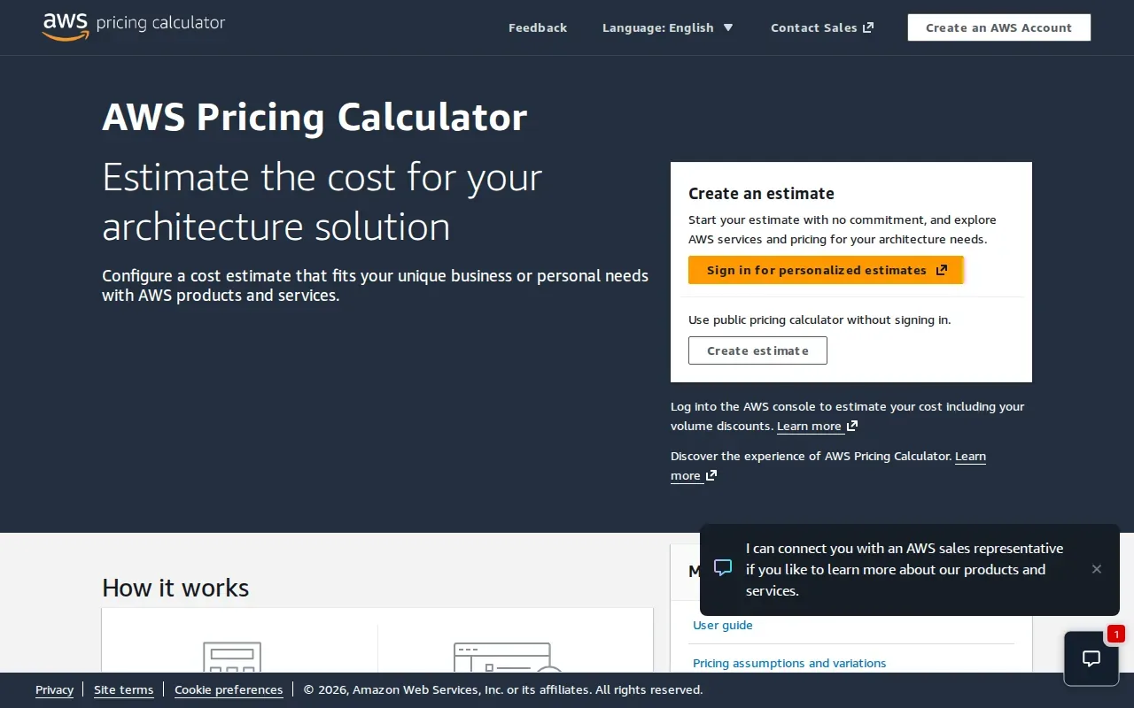 Screenshot of the AWS Pricing Calculator by Amazon Web Services website