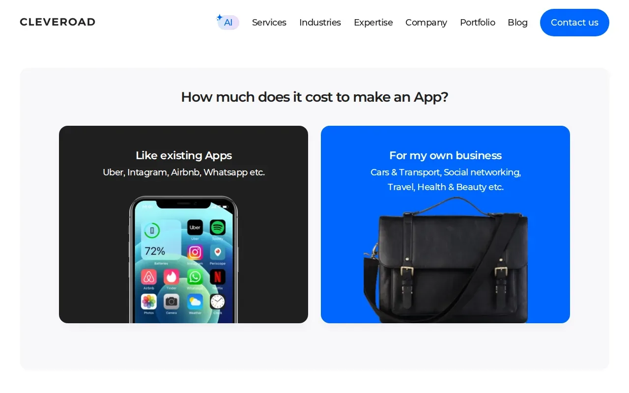 Screenshot of the App Cost Calculator by Cleveroad website