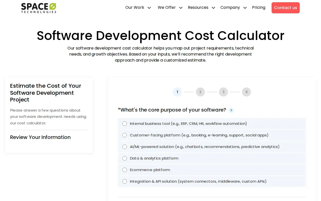 Screenshot of the App Development Cost Calculator by Space-O Technologies website