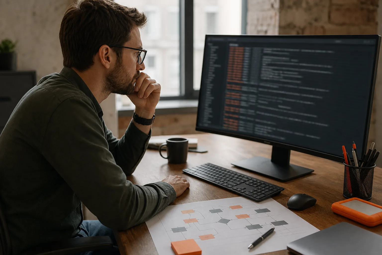 Developer checking API integration error logs in a US office.
