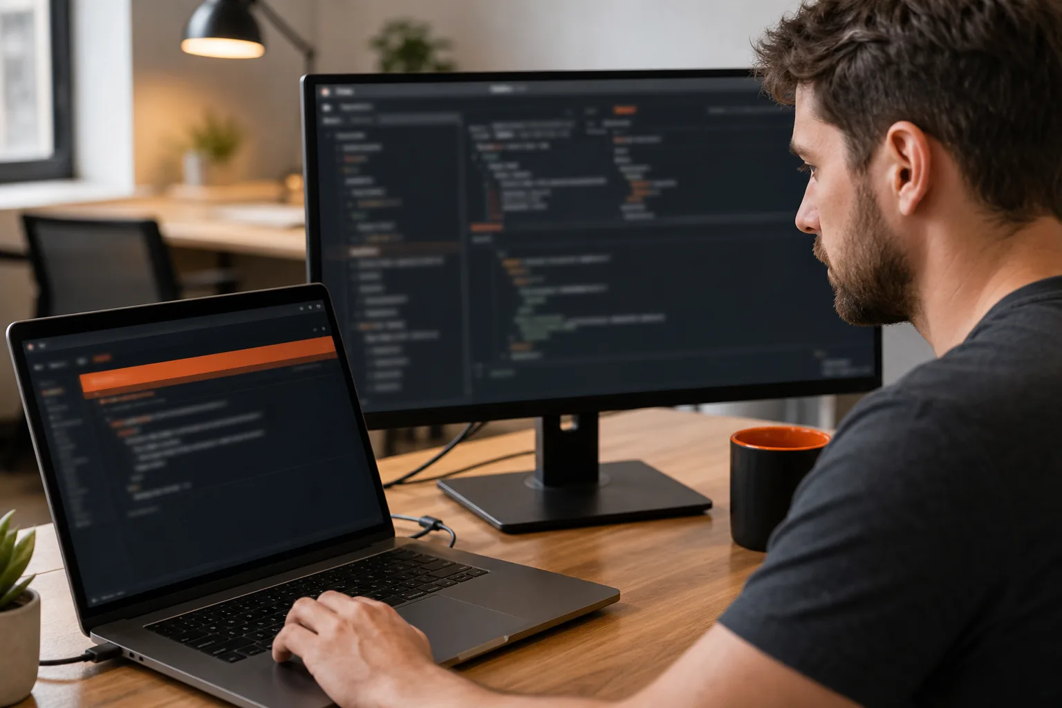 Developer comparing API status codes and request data.