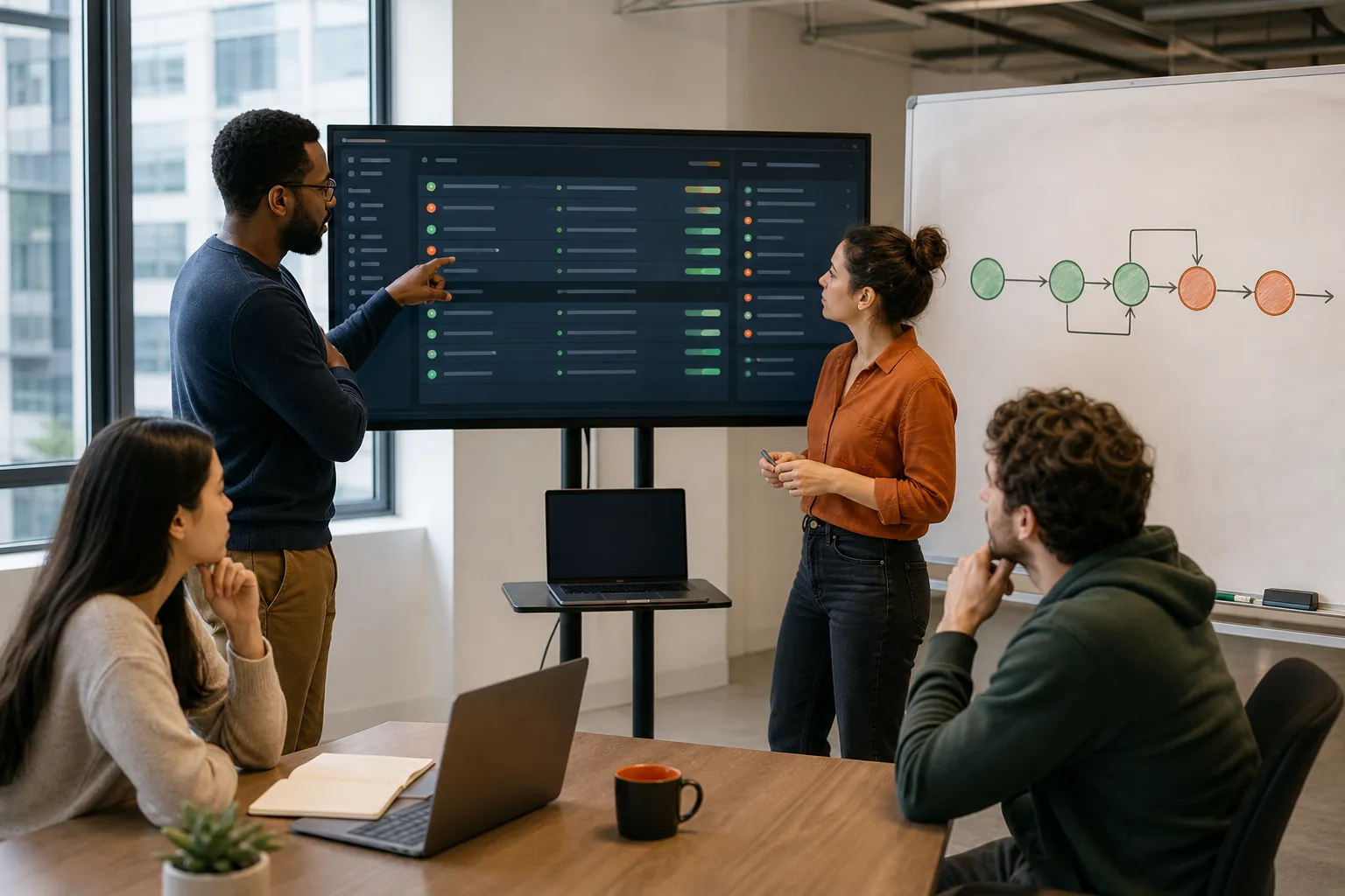 U.S. software team reviewing API tests in a CI pipeline.