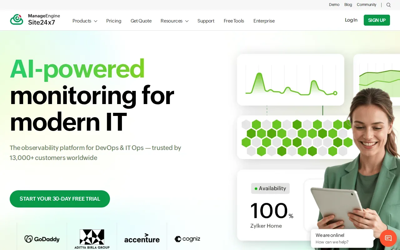Screenshot of the Site24x7 website