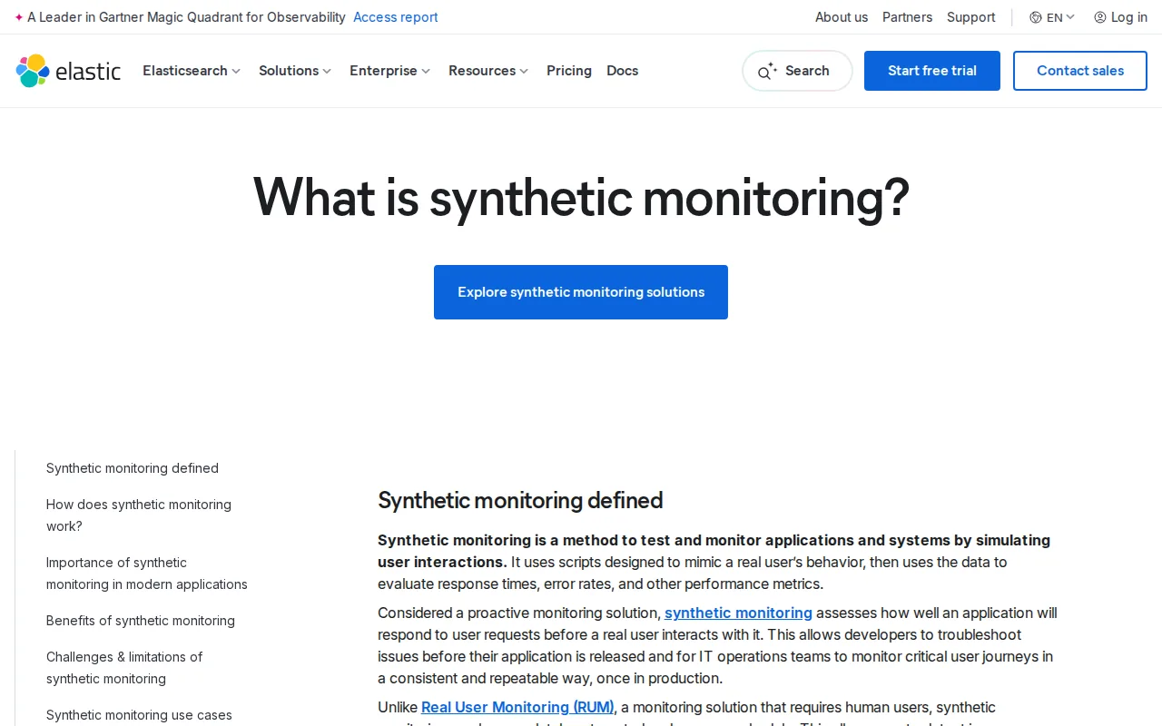 Screenshot of the Elastic website