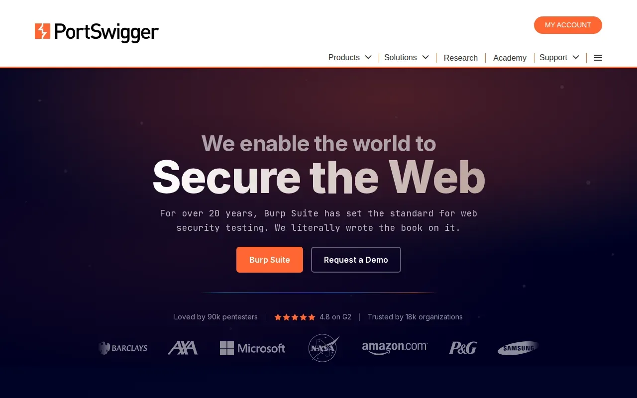 Screenshot of the Burp Suite (by PortSwigger) website