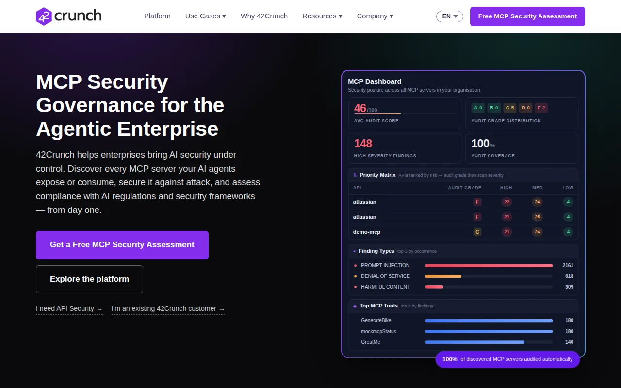 42Crunch API security platform homepage screenshot