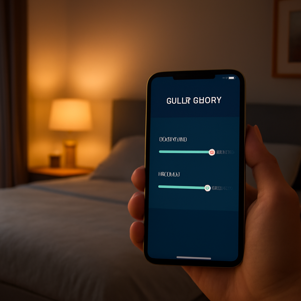 A modern Australian bedroom at night, soft bedside lamp glow, a hand holding a smartphone displaying the Sleep Sophie app interface, showing sliders for head and foot lift. Alt: app controlled adjustable bed australia – smartphone app managing bed positions.