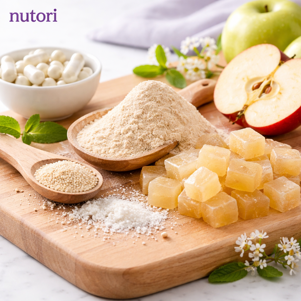 A realistic close‑up of apple cider vinegar powder, pectin, and probiotic cultures on a wooden board, alt=