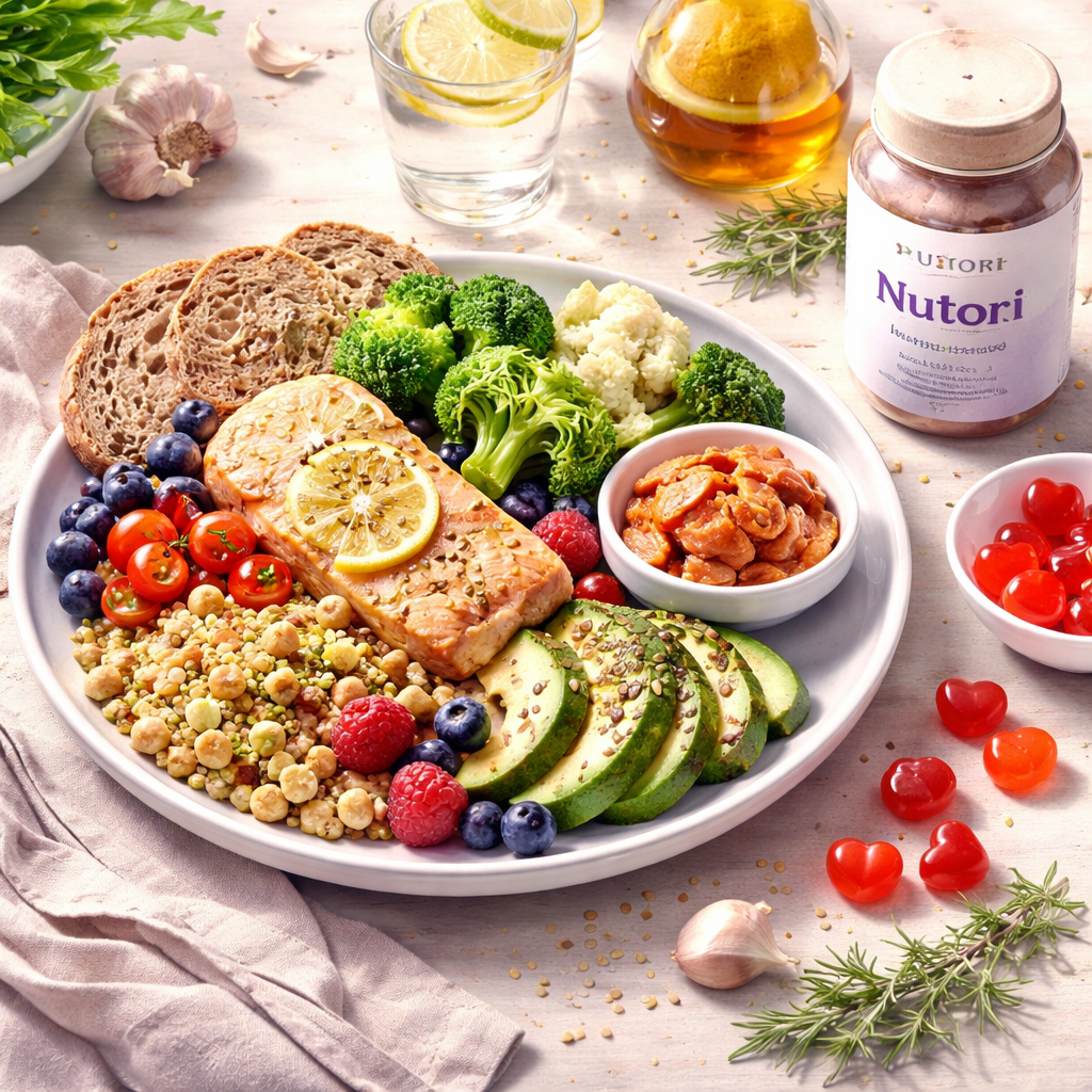 Realistic illustration of a balanced plate with fiber‑rich foods, fermented vegetables, and a handful of apple cider vinegar gummies, alt: gut kombinierte Ernährung für Verdauungs‑Gummies
