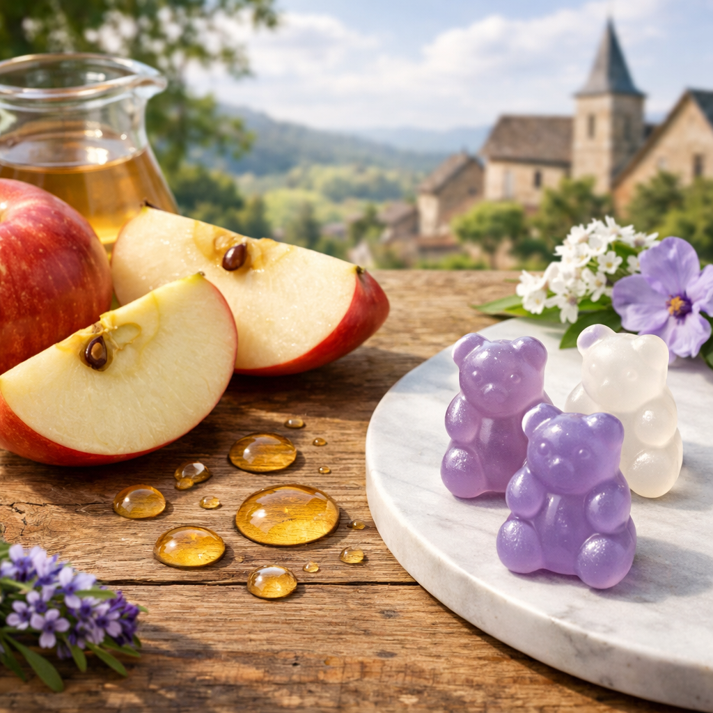 A realistic close‑up of apple slices, vinegar droplets and gummy bears on a wooden table, illustrating natural ingredients and supplement synergy. Alt: apple cider vinegar gummies natural ingredients illustration.