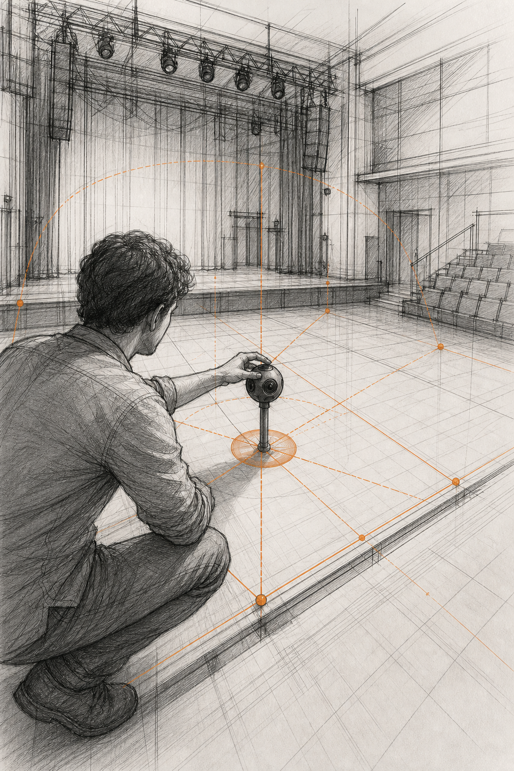 Application de repérage technique 360 pour théâtre : guide complet 2026 1 Une personne en train de positionner une icône de caméra 360 sur un plan de scène numérique, avec des lignes de mesure, style sketch. Alt: Calibration de l'espace scénique avec application de repérage technique 360 pour théâtre.