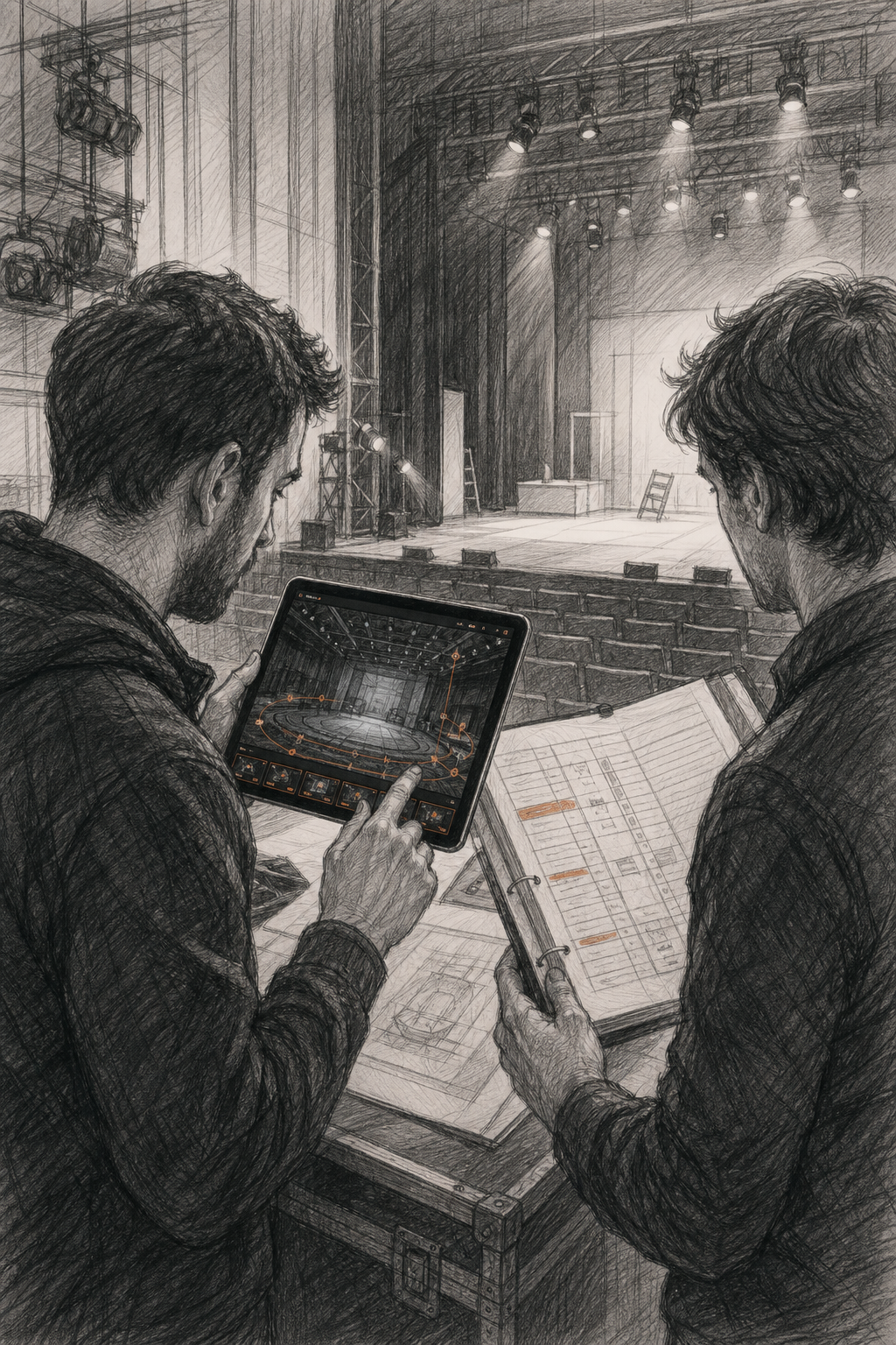 Application de repérage technique 360 pour théâtre : guide complet 2026 2 Un technicien consulte une tablette affichant une vue 360° d'une scène, avec des annotations techniques, à côté d'un conducteur de spectacle papier. Style sketch. Alt: Intégration de l'application de repérage technique 360 pour théâtre dans le conducteur de spectacle.