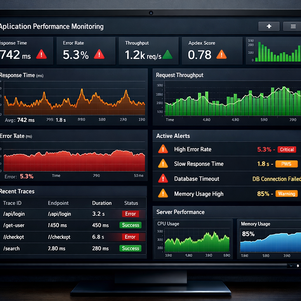 A realistic illustration of a dashboard showing real‑time app performance metrics, with graphs, traces, and alert icons. Alt: application performance monitoring dashboard for modern apps.