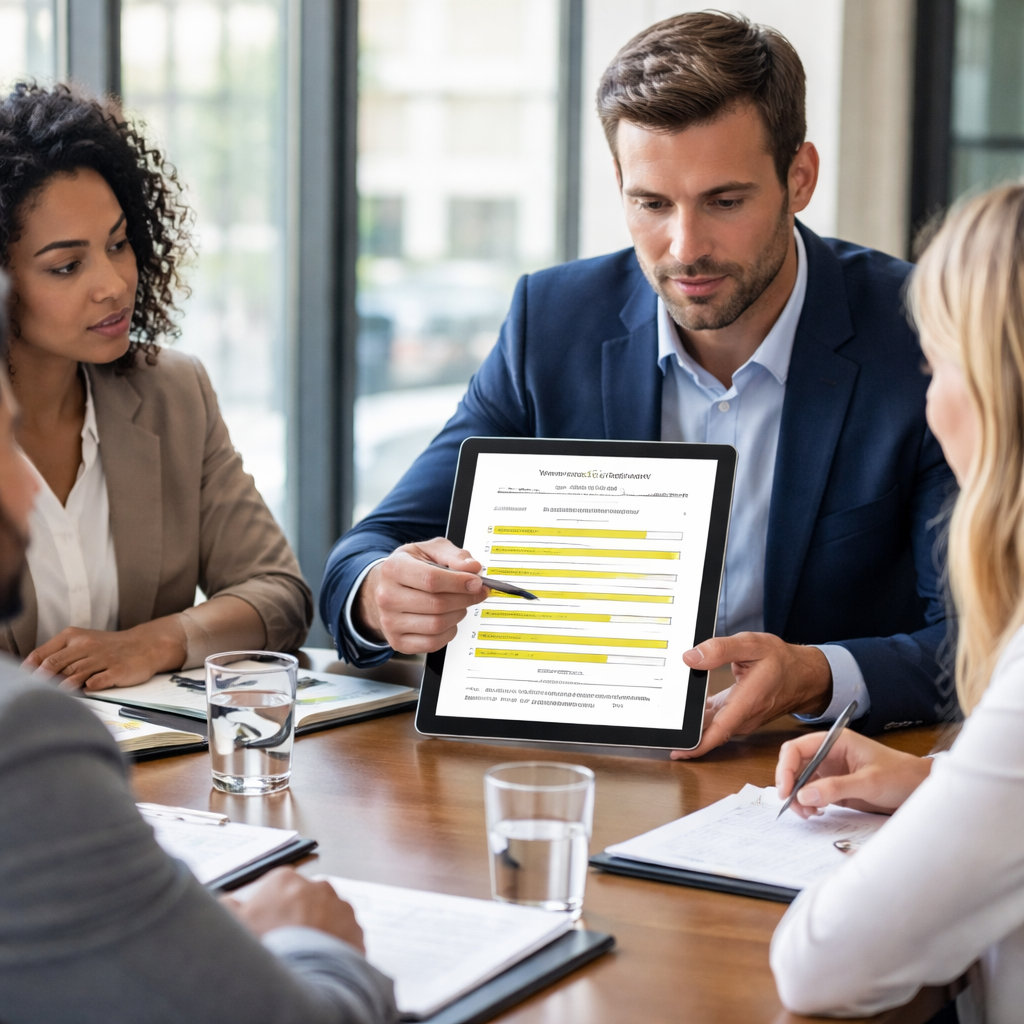 A photorealistic conference room where a negotiator points to a printed one‑page case‑study summary on the table, with senior executives listening attentively. The scene captures the moment social proof is presented to reinforce a contract clause. Alt: Negotiator using a case study to strengthen contract position.