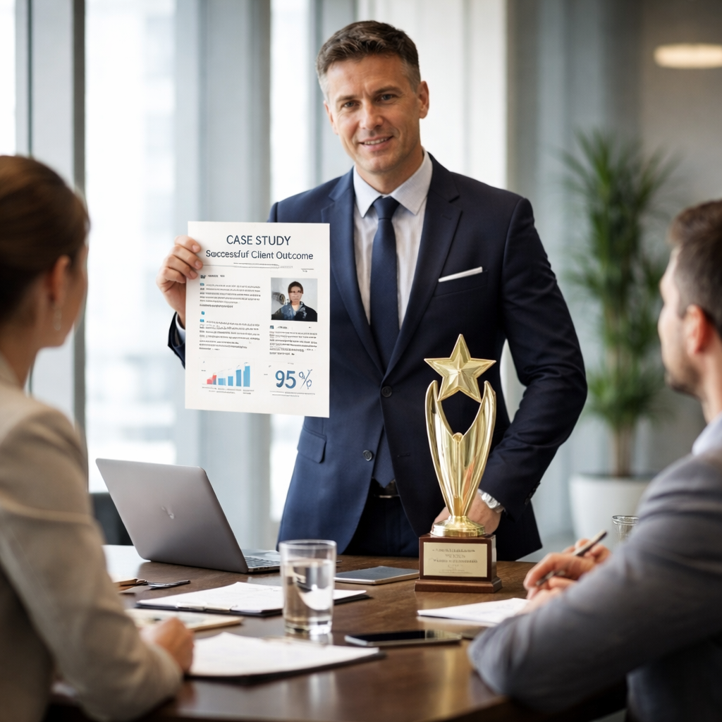 A photorealistic scene of a corporate negotiator presenting a concise one‑page case study and an industry award on a sleek conference table, illustrating social proof and authority in action. Alt: Apply behavioral science in negotiation with social proof visual.