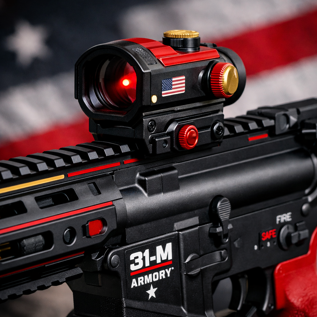 A photorealistic close‑up of a modern AR‑15 with a red dot sight mounted on a free‑float handguard, showing the rail and the sight in use. Alt: AR‑15 with red dot optic on handguard