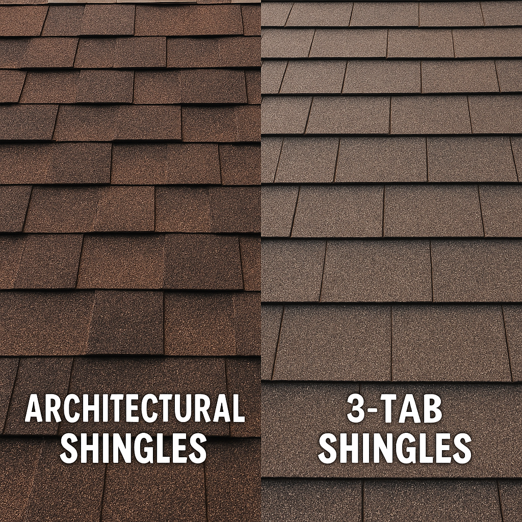 A side‑by‑side visual comparison of a roof with architectural shingles and one with 3‑tab shingles, highlighting the thicker profile and dimensional look of architectural shingles. Alt: Architectural shingles vs 3 tab cost and value comparison.