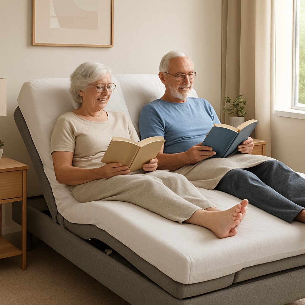 A modern Australian bedroom showing an electric adjustable bed in a slightly raised head position, with a senior couple reading comfortably, illustrating the practical benefits of an adjustable bed. Alt: Are adjustable beds worth it – visual of comfort and health benefits in a home setting.