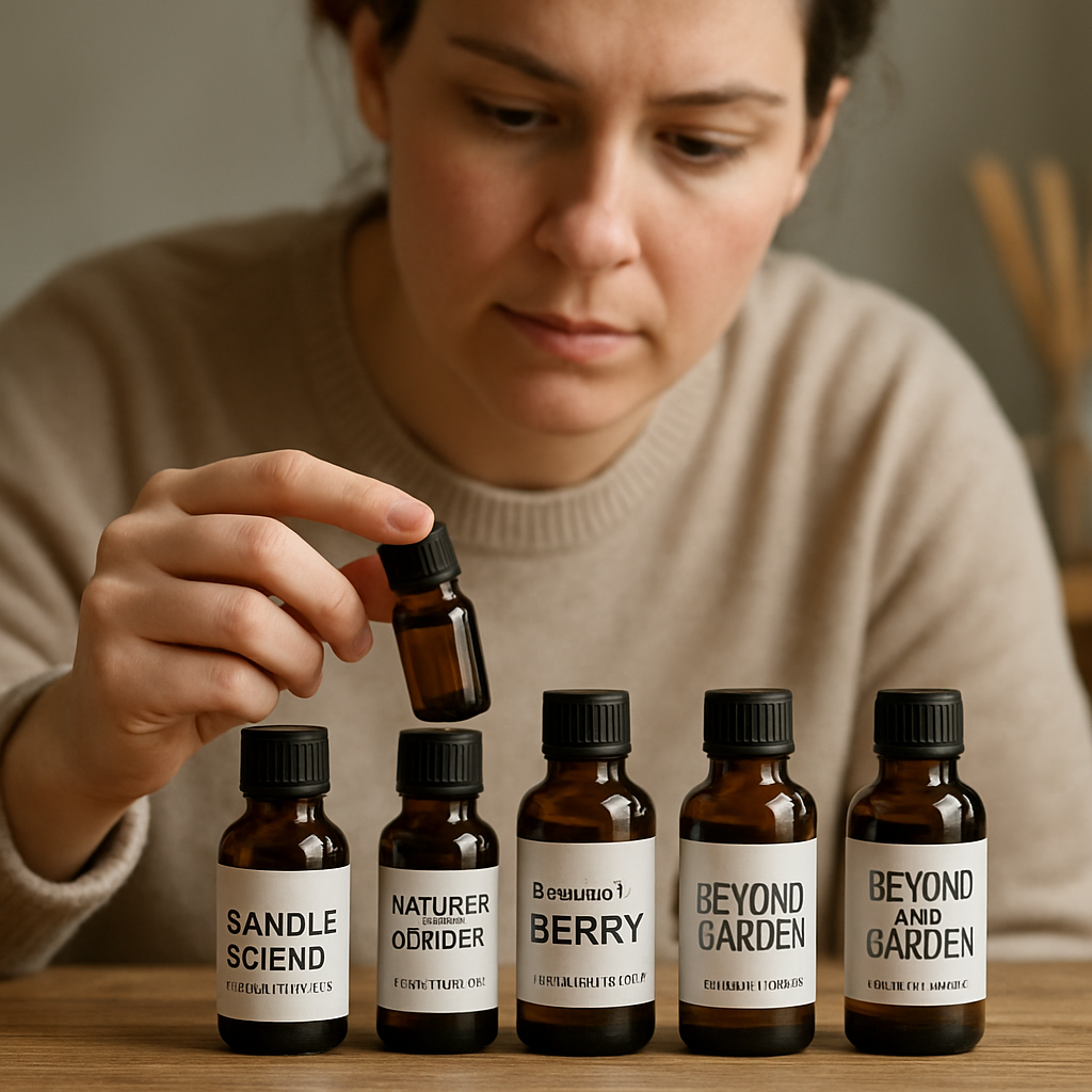 A candle maker comparing fragrance oil bottles from different brands on a wooden table, with labels visible. Alt: Comparison of popular fragrance oil brands for candle making.