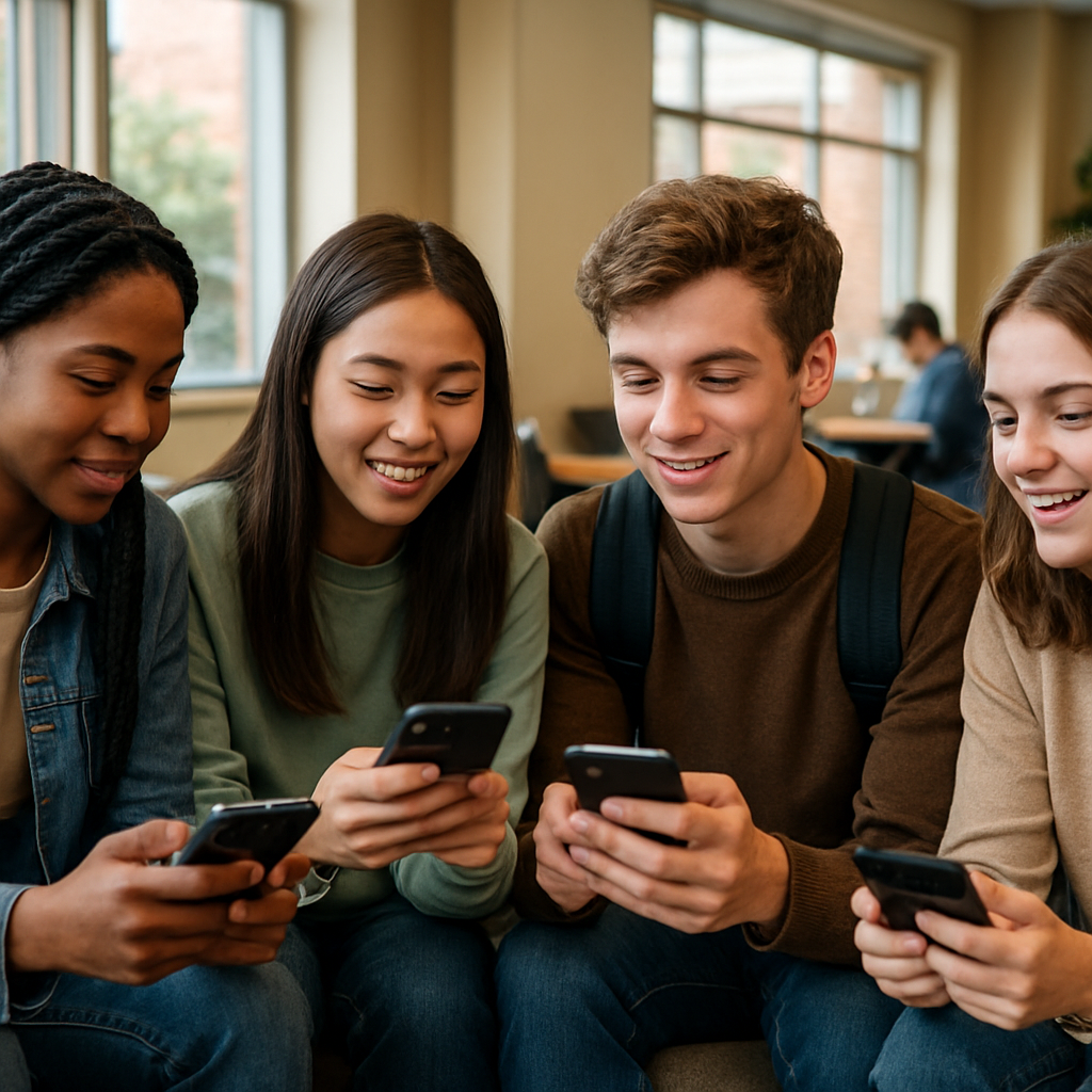 A photorealistic scene of a diverse group of Gen Z college students scrolling social media on smartphones, discussing influencer content, with a subtle background of a campus lounge. Alt: Influencers as role models for young people.