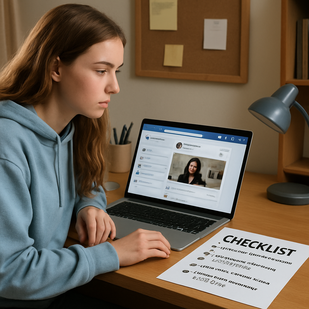 A photorealistic scene of a Gen Z student sitting at a dorm desk, laptop open to a social media feed, with a checklist printed on paper beside it, highlighting the steps to evaluate influencer credibility. Alt: Practical checklist for assessing influencer credibility for young people.
