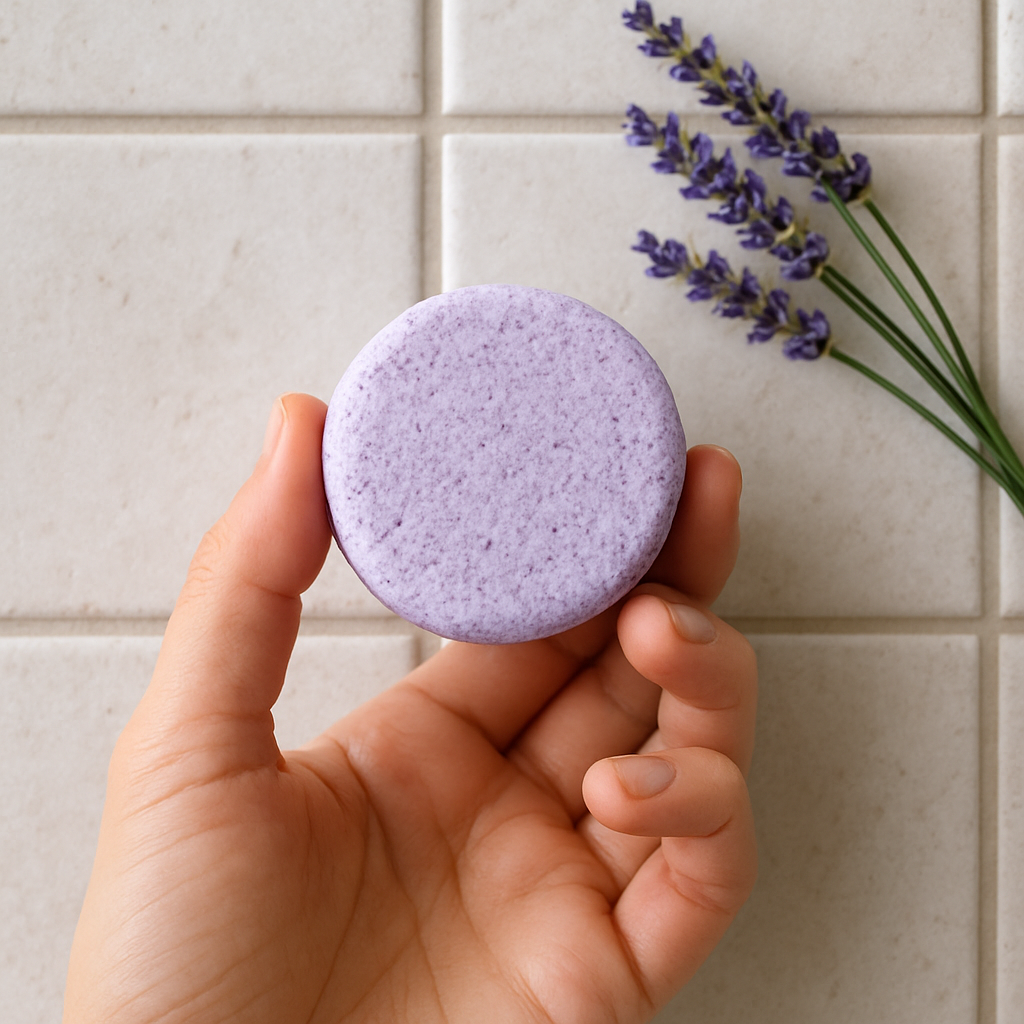 A close‑up of a hand holding a lavender‑scented shower steamer on a tiled shower wall. Alt: 