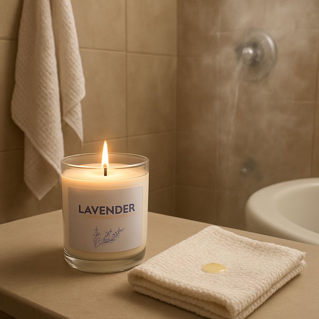 A cozy bathroom scene with a lavender‑scented soy candle on the counter, a folded washcloth with a few drops of essential oil, and a steaming shower in the background. Alt: Alternatives to shower steamers for pregnancy relaxation