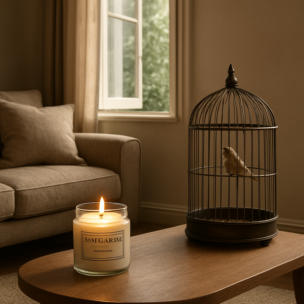 A cozy living room with a soy candle placed on a low table, a bird cage a few feet away, a window open to let fresh air in. Alt: Safe candle placement around bird cage illustration.