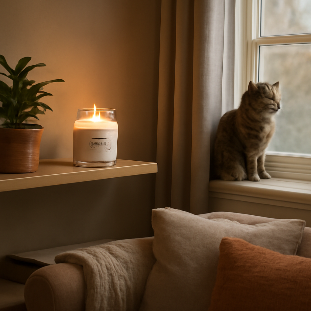 A cozy living room with a lit soy candle on a high shelf, a cat watching from a windowsill. Alt: Safe soy candle setup for cats.