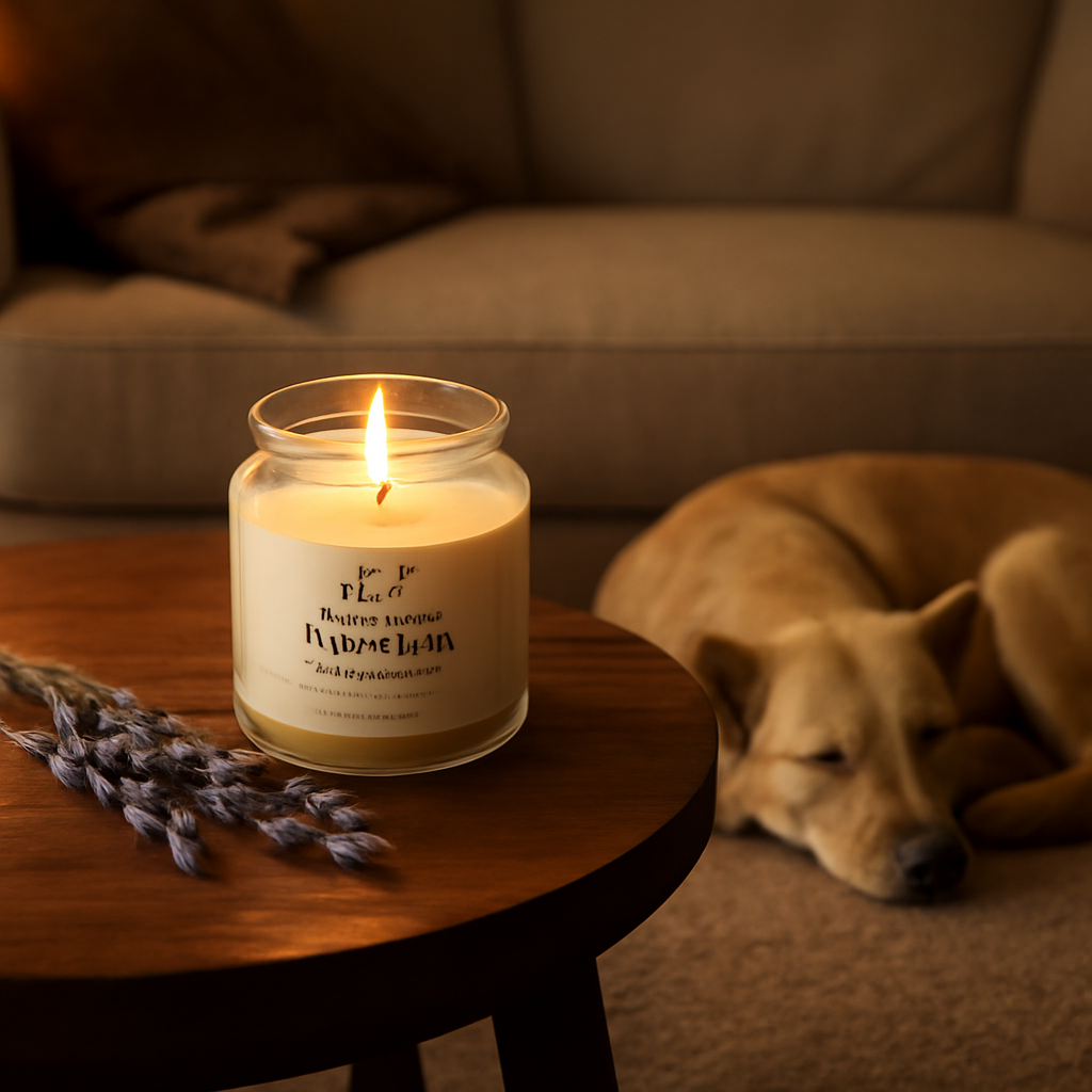 A cozy living room scene with a soy candle on a wooden side table, a sleepy dog curled up nearby, soft ambient lighting, and a subtle hint of lavender scent. Alt: Soy candle ingredients and dog safety guide image