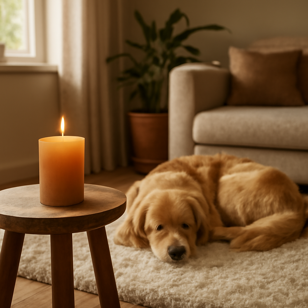 A warm living room with a beeswax candle on a wooden side table, a golden retriever curled up on a plush rug nearby, soft natural light filtering through a window. Alt: pet‑friendly candle alternatives for dog owners, cozy home ambiance.