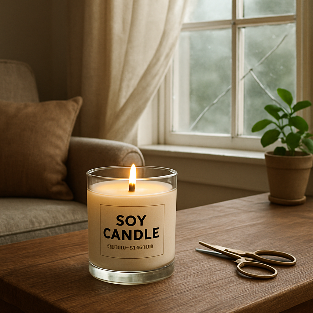 A cozy living room table with a hand‑poured soy candle in a clear glass jar, a lit wooden wick, a cracked window showing a gentle breeze, and a small pair of scissors beside the candle. Alt: Safe soy candle burning tips illustration.