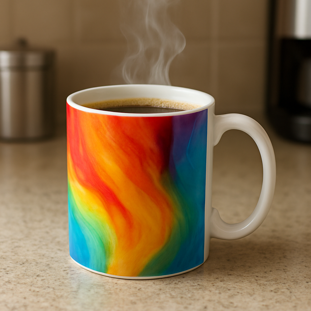 A close‑up of a glossy, colourful sublimation mug on a kitchen countertop, with steam rising from a fresh cup of coffee. Alt: Sublimation mug coating durability and dishwasher safety.