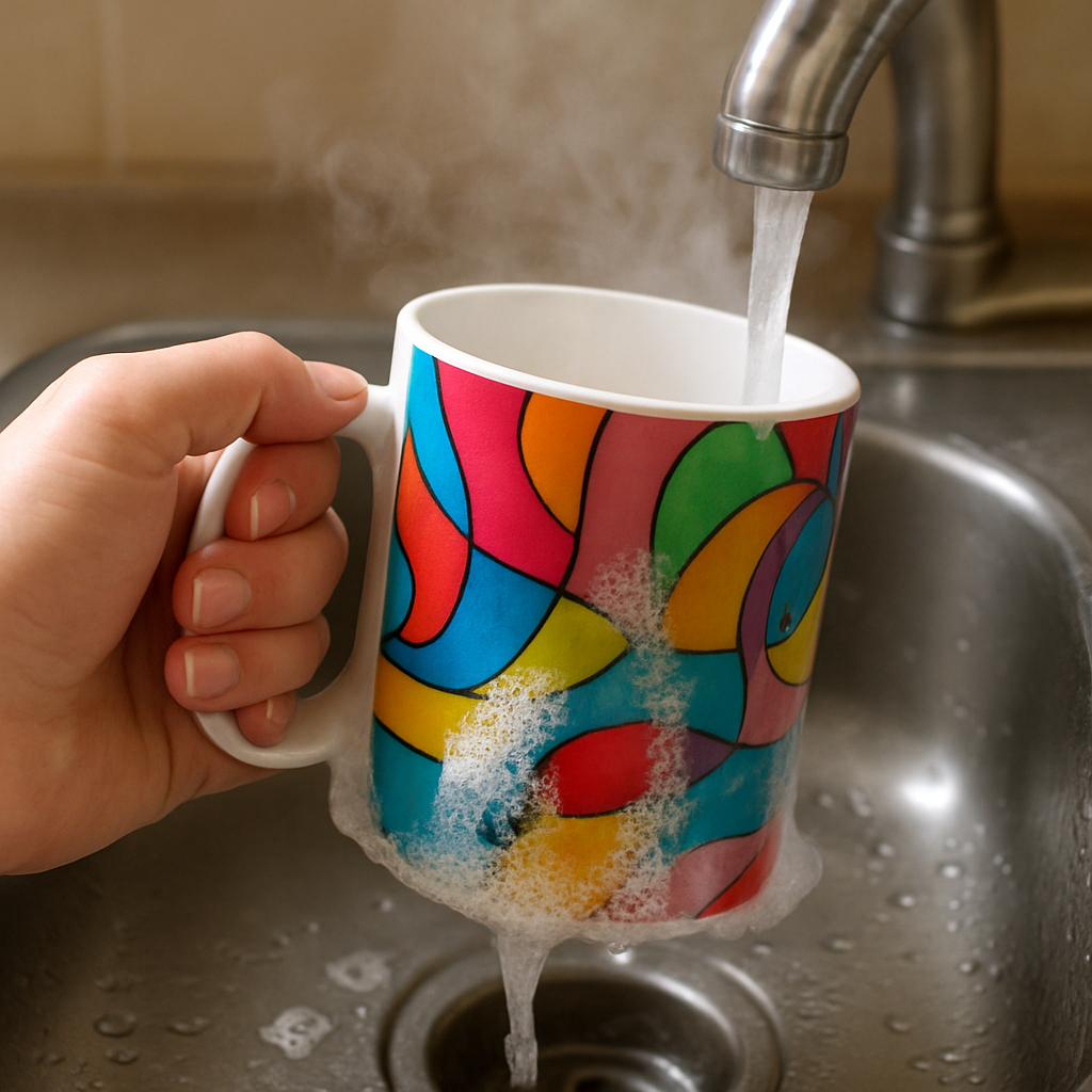 A close‑up of a hand gently washing a colourful sublimated mug on a kitchen sink, steam rising, bright design visible. Alt: Best practices for cleaning sublimation mugs