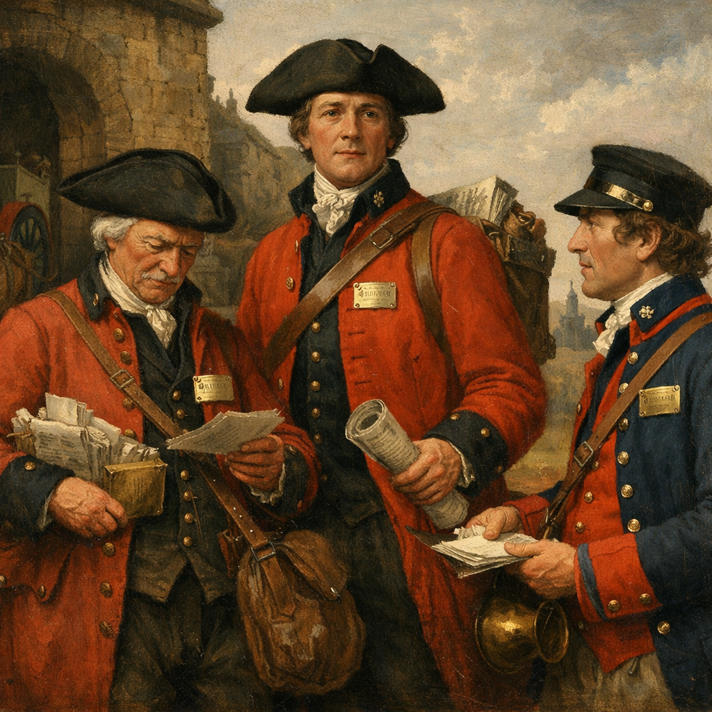 A realistic painting of 18th‑century British postmen wearing brass tickets on their coats, showing early uniform elements. Alt: historic postal uniform early modern era