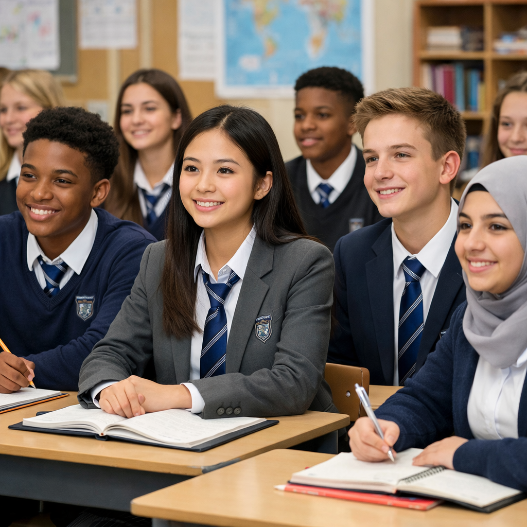 A realistic classroom scene where students wear modern school uniforms, showing diversity and unity. Alt: modern school uniform classroom setting