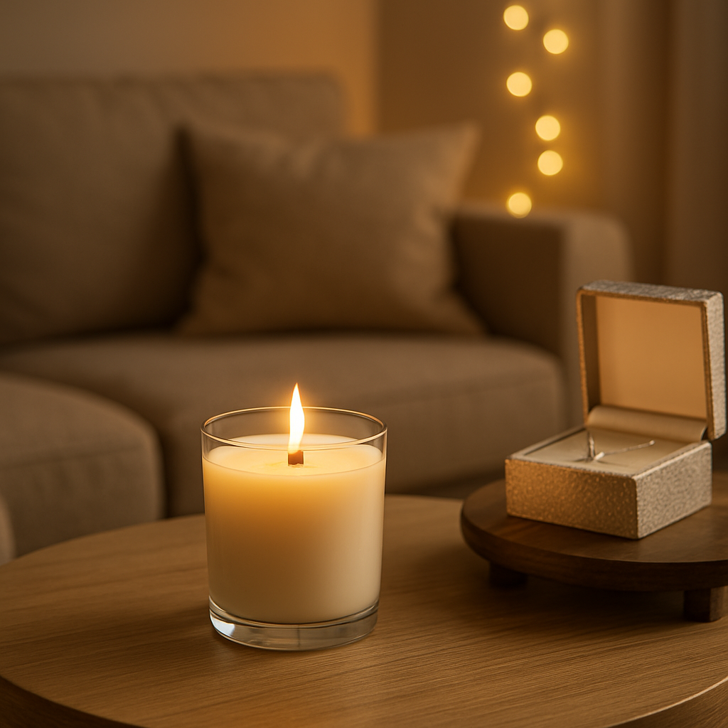 A cozy living room scene with a wooden wick candle on a coffee table, soft LED lighting in the background, and a sparkling jewelry box on a side table. Alt: Wood wick candle ambience with LED lighting and jewelry gift set.