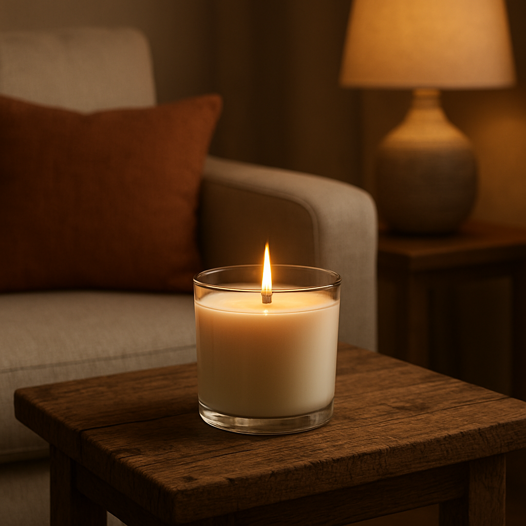 A cozy living room corner with a wooden‑wick candle burning on a reclaimed‑wood side table, soft ambient lighting, and a faint crackle visible in the flame. Alt: Wood wick candle performance comparison, even melt pool, stronger scent diffusion.