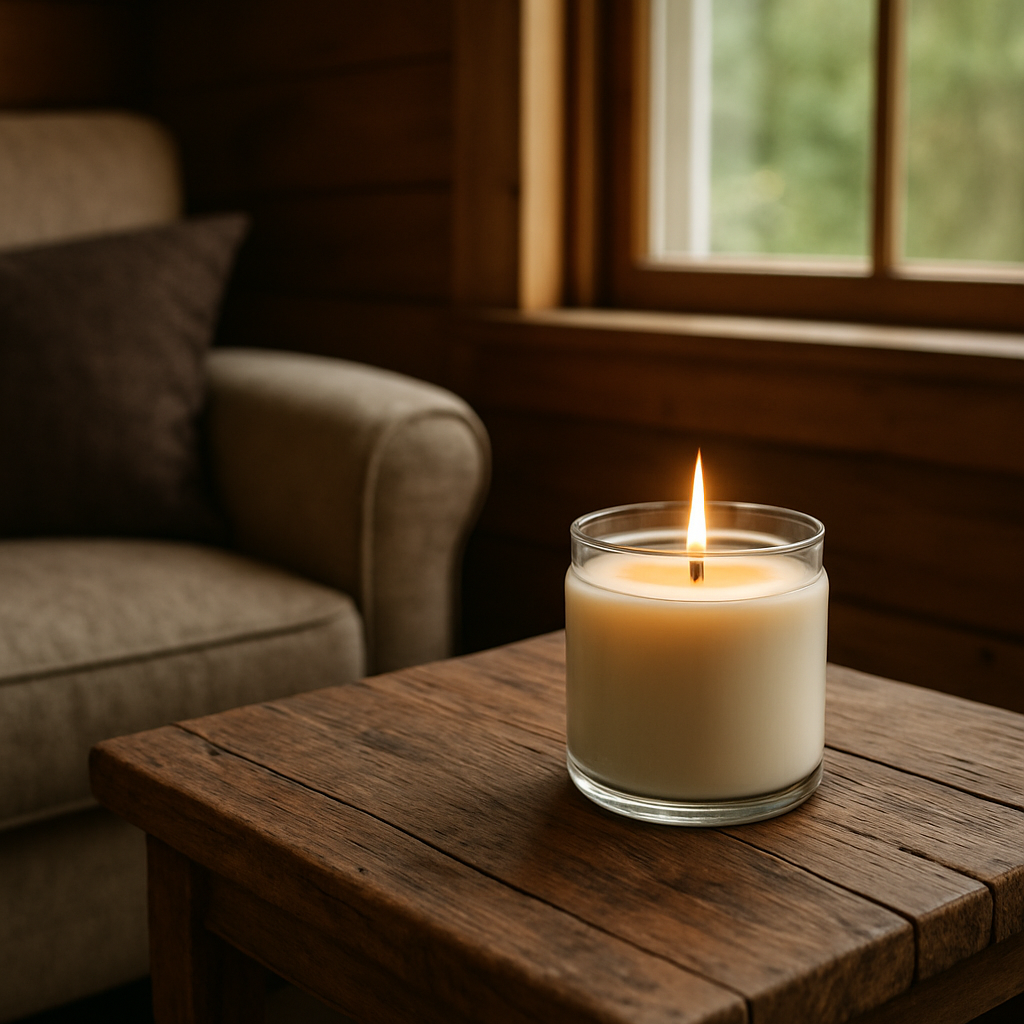 A cozy living‑room corner in a small Appalachian cabin, a wooden‑wick soy candle glowing on a reclaimed‑wood side table, soft natural light streaming through a window, showing the even melt pool and subtle crackle. Alt: Choosing the right wood wick candle for a home setting, showing size, airflow, and scent considerations.