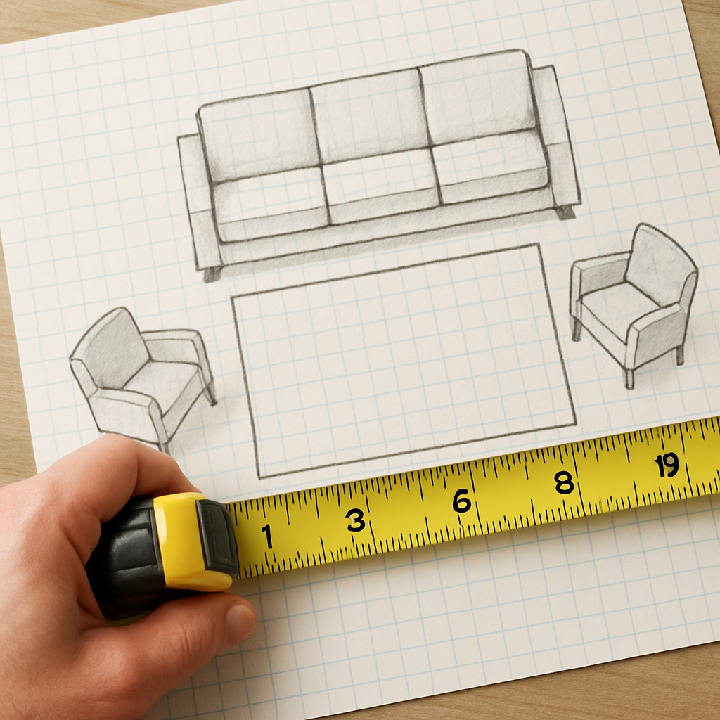 A hand holding a tape measure next to a sketched floor plan on graph paper, showing sofa, chairs, and a rectangular rug outline. Alt: measuring living room space for area rug size guide living room