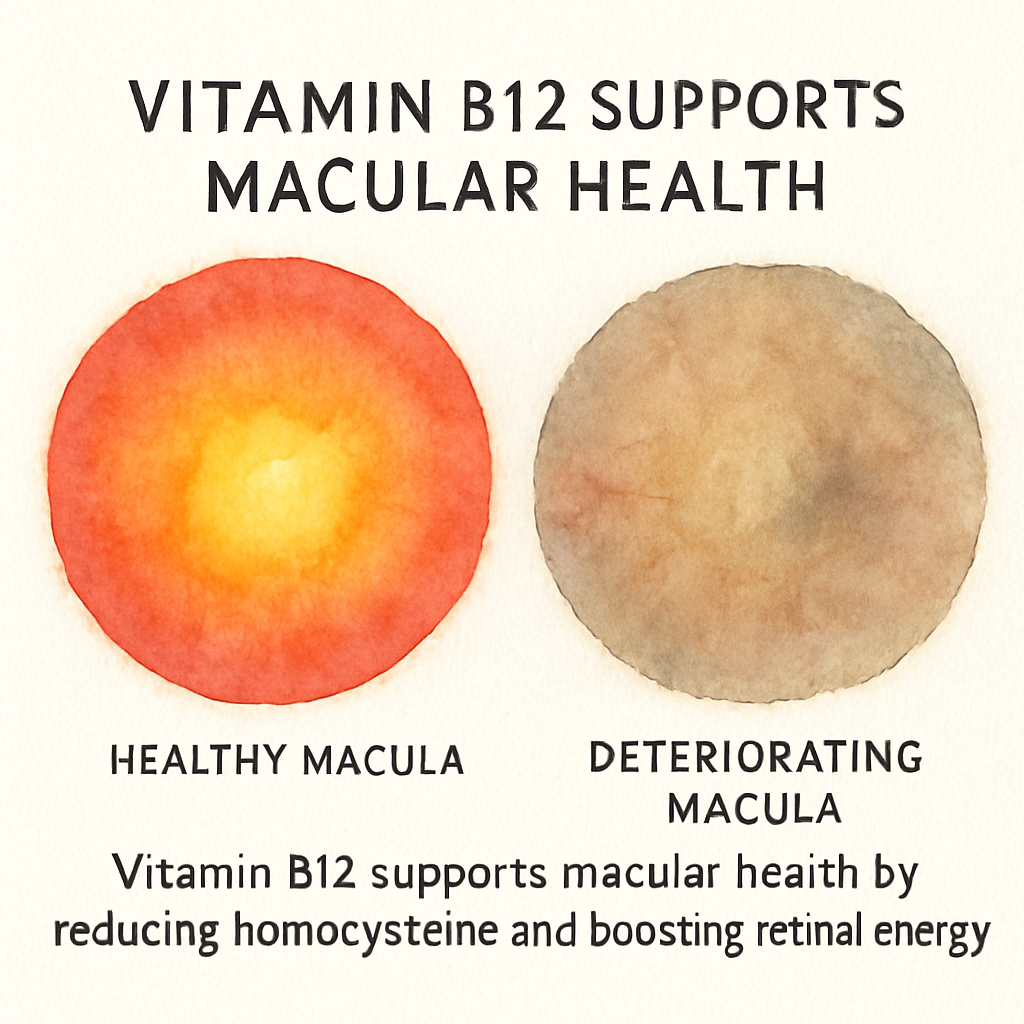 A close‑up of a bright, healthy macula contrasted with a dull, deteriorating one. Alt: Vitamin B12 supports macular health by reducing homocysteine and boosting retinal energy.