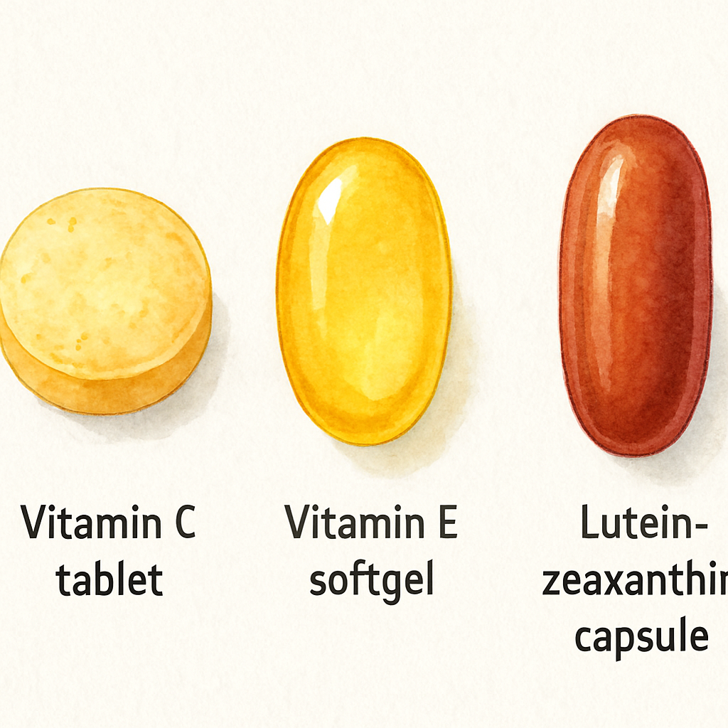 A side‑by‑side visual of a vitamin C tablet, a vitamin E softgel, and a lutein‑zeaxanthin capsule, showing their colors and sizes. Alt: Comparison of key nutrients in AREDS2 ingredients