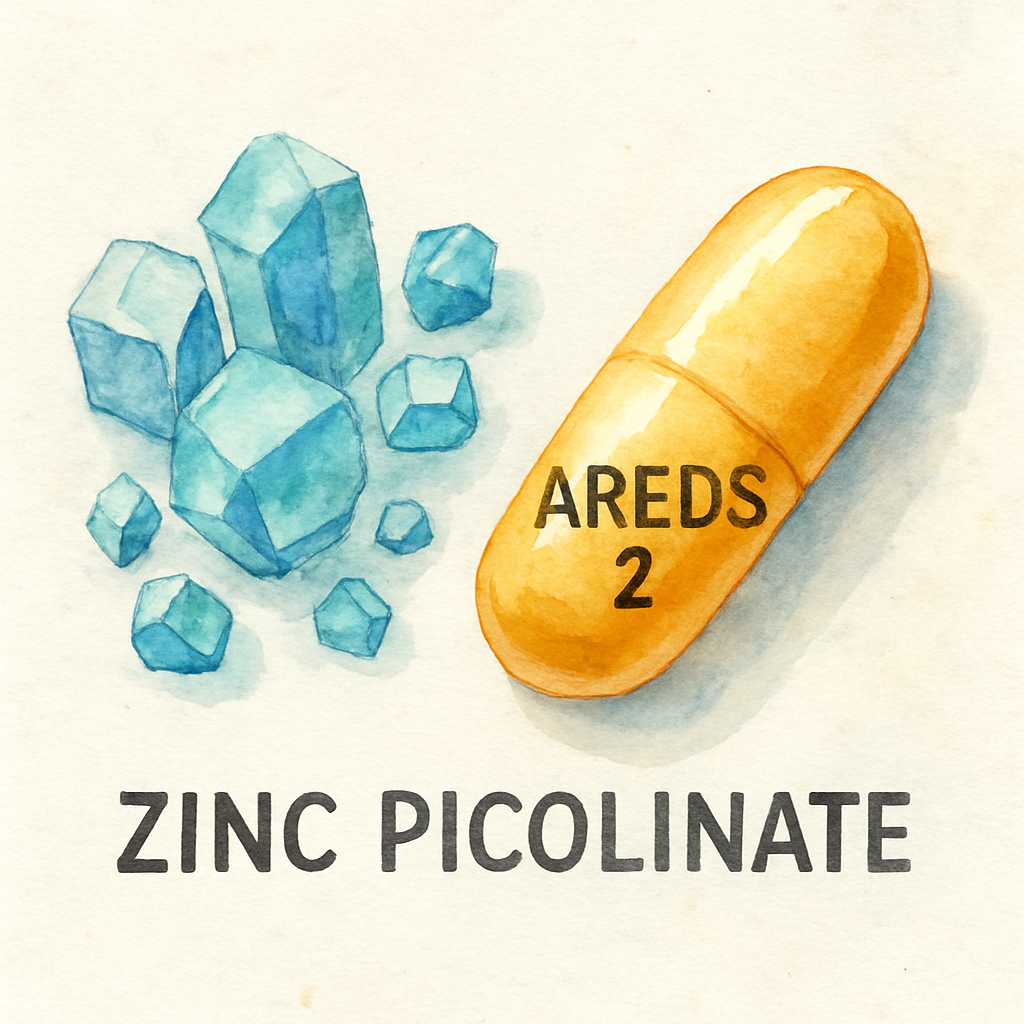 A close‑up of zinc picolinate crystals beside an AREDS2 capsule, highlighting the difference between zinc oxide and picolinate. Alt: Zinc picolinate supplement for eye health