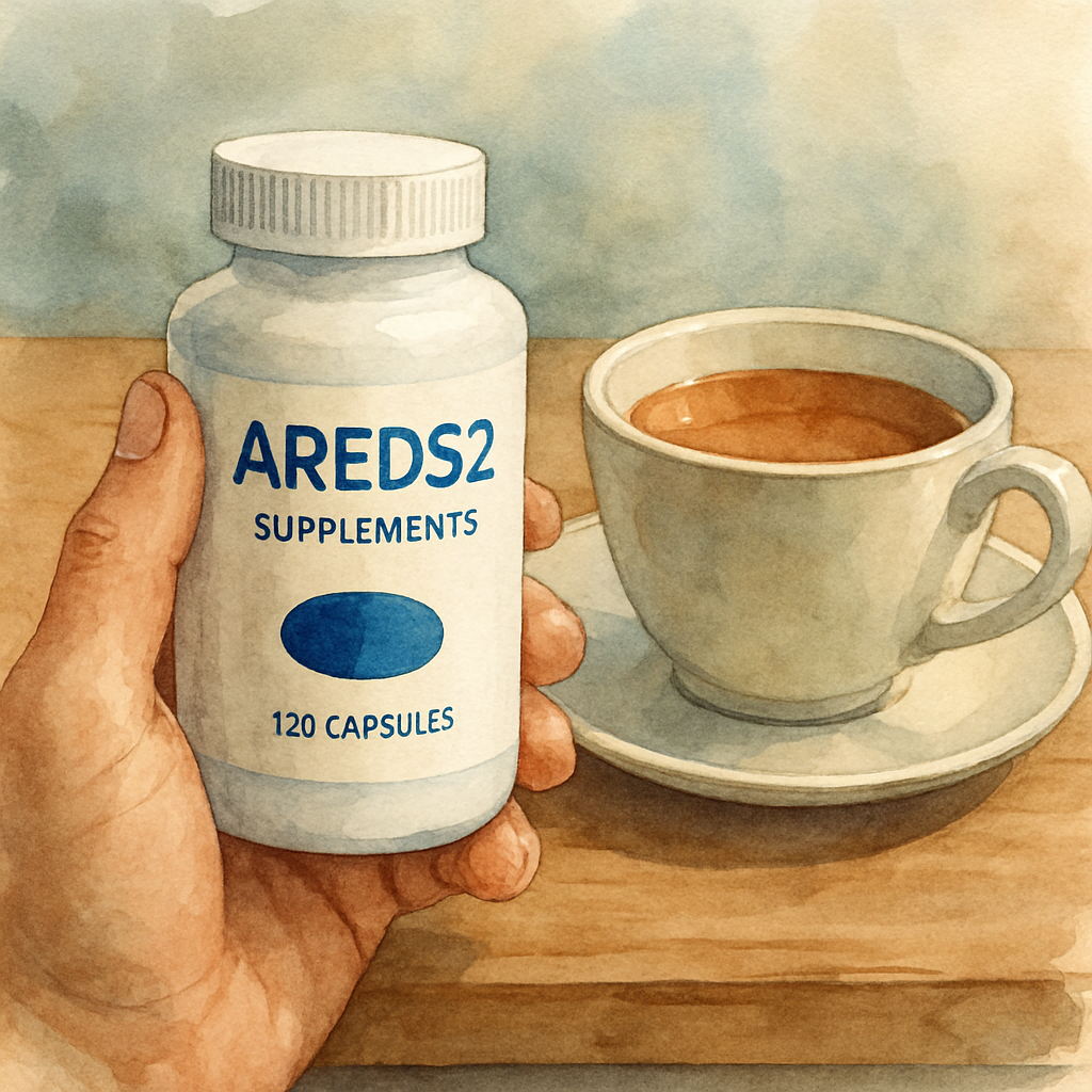 A close‑up of a hand holding a bottle of AREDS2 supplements next to a cup of tea, showing a calm morning routine. Alt: AREDS2 side effects monitoring routine