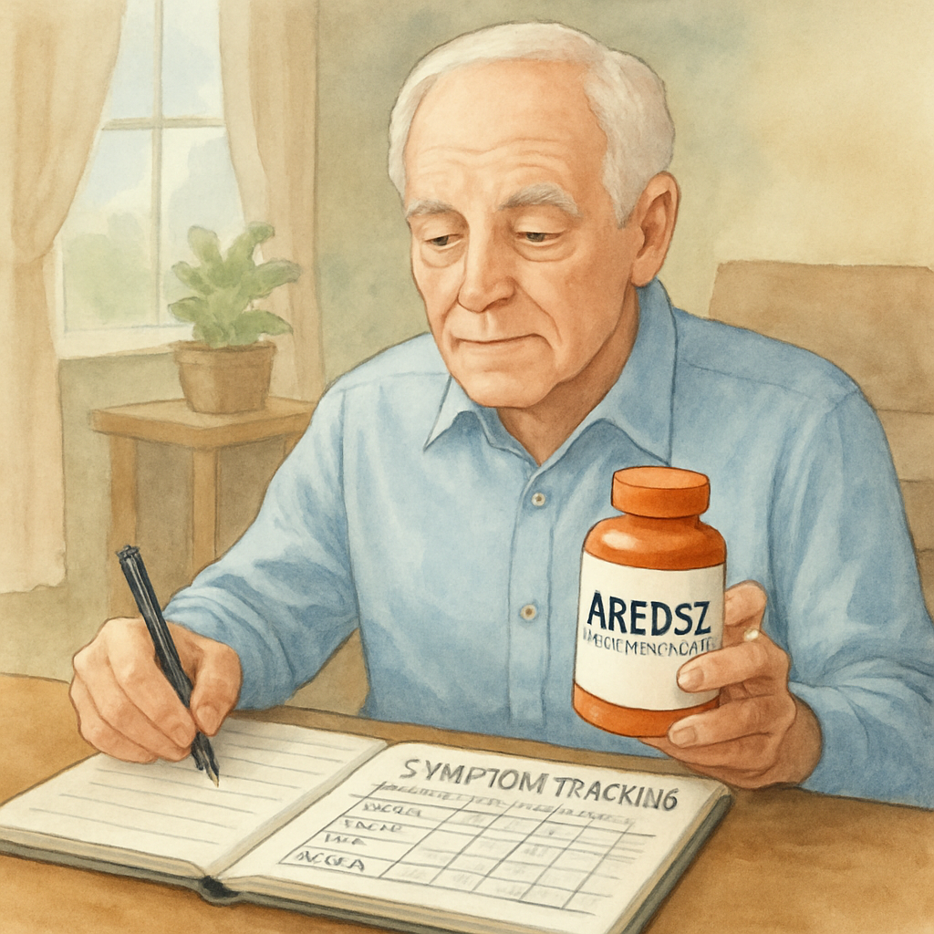 A senior adult holding a bottle of AREDS2 supplements next to a notebook with a symptom tracking chart, showing a calm home setting. Alt: Tracking rare AREDS2 side effects with a symptom log.